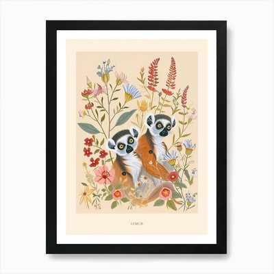 Folksy Floral Tier Zeichnung Lemur gerahmtes Wandbild Poster Leinwanddruck Bild