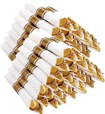 400PCS Pre Rolled Gold Plastic Silverware Sets - Heavy Duty Gold Cutlery - In...