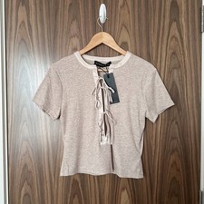 Lioness Beige Nude Ribbed Satin Tie front Short Sleeve Cropped Top XXL UK 16 NEW