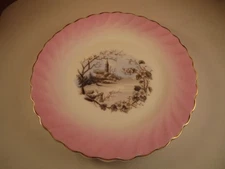 Vintage Unmarked Porcelain Pink Band Swirl Church Scene Decorative Plate
