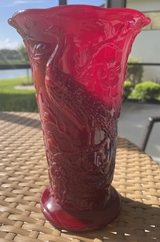 Vintage Fenton Mandarin Red Peacock Vase. Scarce. No Damage.