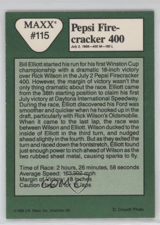 1989 Maxx Racing '88 in Review Bill Elliott #115 HOF - Image 2 of 2