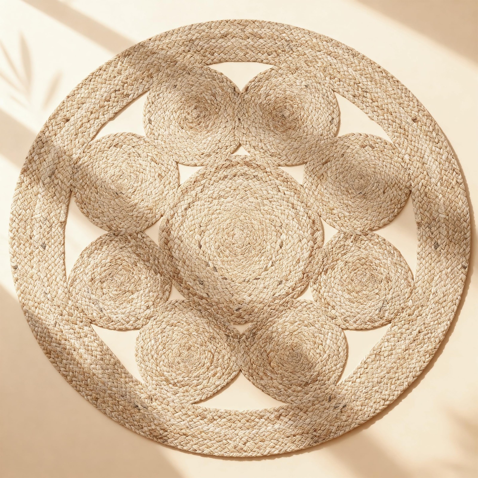 Round Jute Area Rug 3 ft, Braided Natural Fiber Rug, Reversible Handwoven Boh...