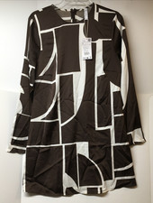 MANGO MNG Print POLYESTER Dress Size 6 BROWN & OFF WHITE, ZIPPER, ROUND NECK NWT
