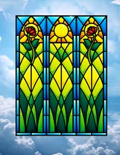 Roses & Sun Faux Stained-Glass WINDOW CLING Size 10.4" Vinyl