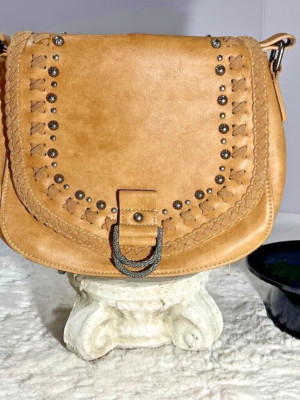 Montana West Saddle Crossbody Beige Leather purse/bag Western Rodeo Studded