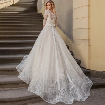 a-line scoop long sleeves floor-length with applique tulle dresses Elegant Wedding Dress Neck Bridal Gown Taille:XS Mortar Mallory Bow-Detail Lace-Trim A-Line