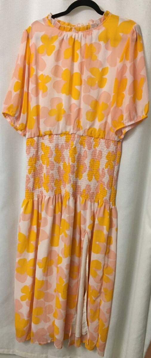 orange easter dress Chiffon Lined Dress Puff Sleeve Orange Pink Floral Elastic Midriff Easter D6