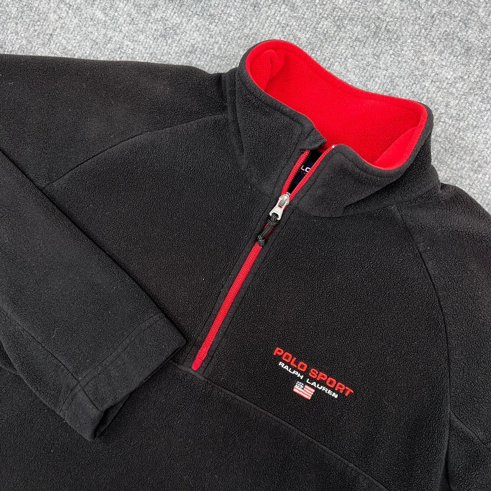Vintage Polo Sport Ralph Lauren Jacket Mens L Black Fleece 1/4 Zip Pullover Flag