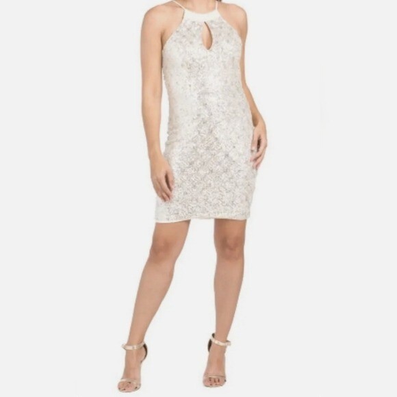 dalia halter dress Macphee Gold Silver Sequins Keyhole Cocktail Dress, Small Halter maxi dress