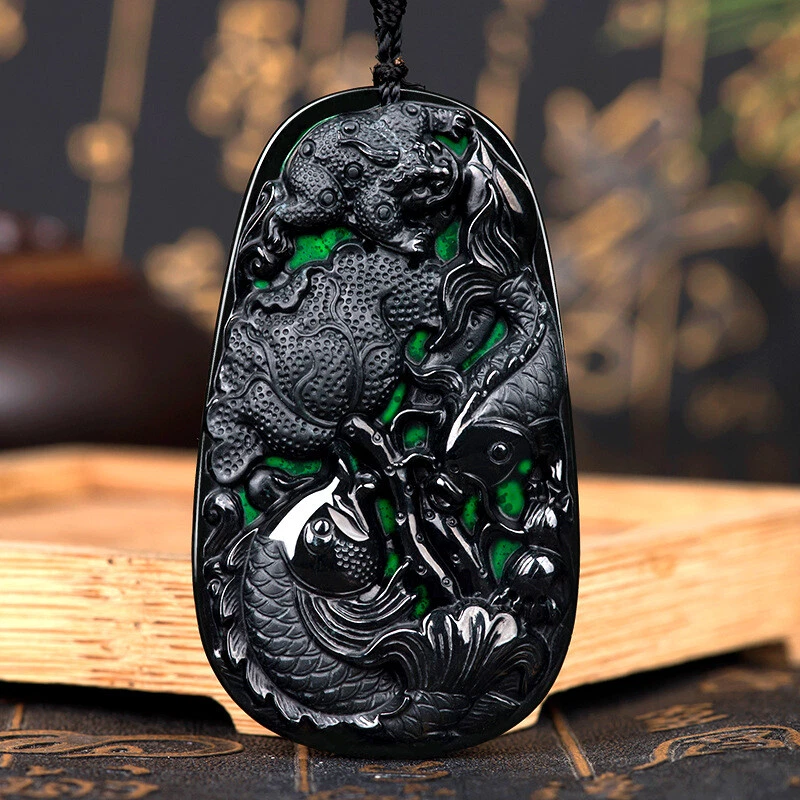 14K Solid Gold Carved Dragon Phoenix Natural Jadeite Jade Pendant Large Mens  | eBay