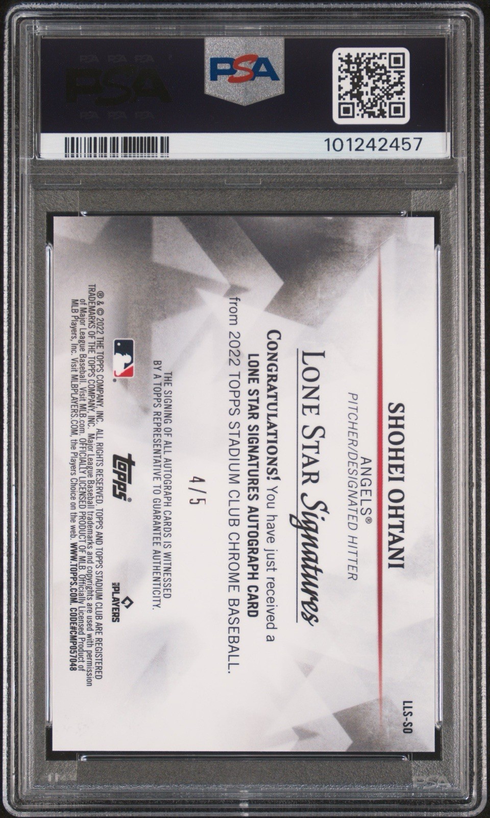 2022 Stadium Club Chrome Lone Star Signatures Red Shohei Ohtani Auto #/5 PSA 8 view 2