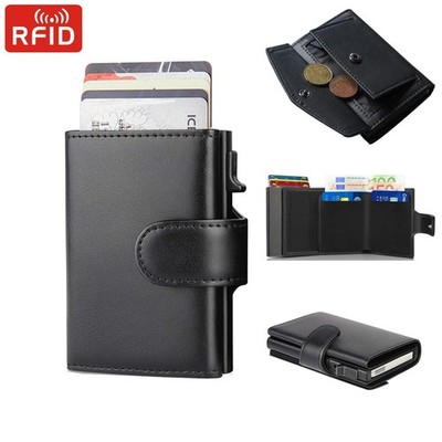 RFID Herren Dreifachfaltung Geldbörse Mikrofaser Leder Schmal Kartenetui Münzbörse