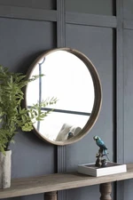 28" Round Wood Mirror, Wall Mounted Mirror Home Decor for Bathroom Living Room