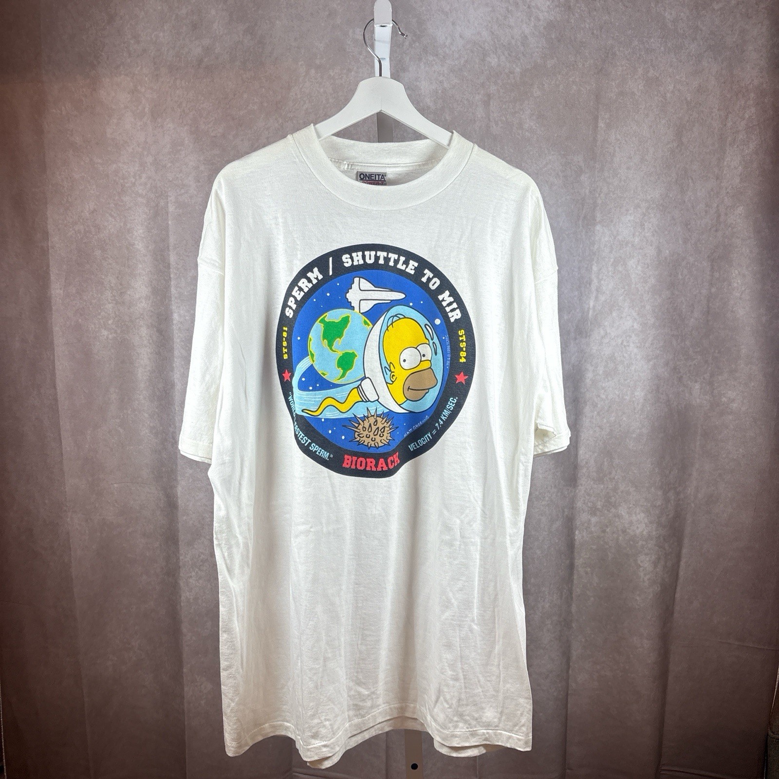 GRAIL Vintage 1996 Homer Simpson Cartoon Shuttle MIR Sperm FOX Promo Tee Shirt