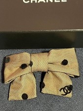 CHANEL 14C Polka Dot Ribbon Barrette Beige Black Canvas Bow Logo Hair Clip w/Box