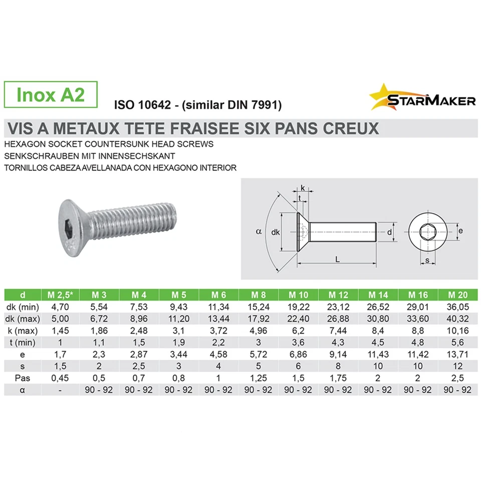 Vis à tête fraisée 6 pans FHC hexagonale inox A2 - M2 M2.5 M3 M4 M5 M6 - 5-60mm - Photo 4/4