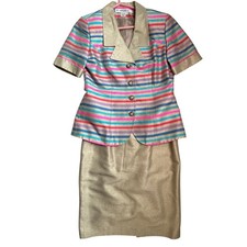 Anne Crimmins UMI Vintage Silk Skirt Suit Gold Neon Stripes Size 8 Short Sleeve