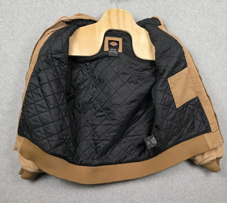 Dickies Jacket Mens Large Brown Hooded Quilted Lined Canvas Duck Workwear - Image 3 of 4