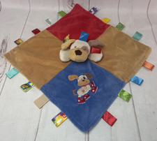 Taggies Signature Plush Tag Tan Brown Blue Satin Dog Security Blanket Baby Lovey