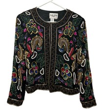 Vtg Joan Leslie 1980s 100 Silk Sequin Beaded Jacket Open RARE Formal Size M
