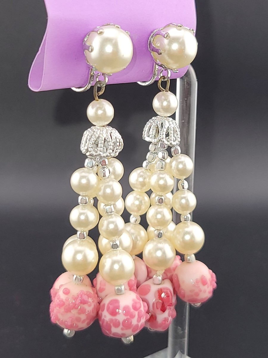 Vintage Cream Glass Pearl Pink Murano Art Glass Bead Chandelier Clip Earrings 3" View 2