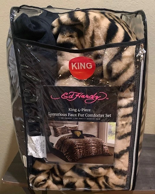 Ed Hardy Tiger Print Luxurious Faux Fur 4pc KING Comforter, Shams & Pillow Set - Image 4 of 4