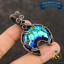 Copper Titanium Druzy Stone Crescent Moon And Wire Wrapped Wife Pendant Jewelry