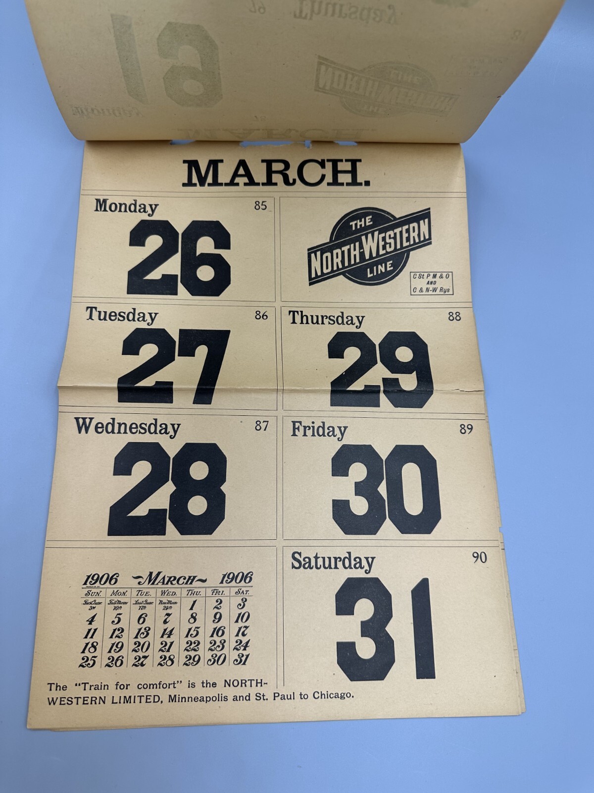 1906 CHICAGO NORTH WESTERN Railway RAILROAD DEPOT Calendar Complete MARCH Antque