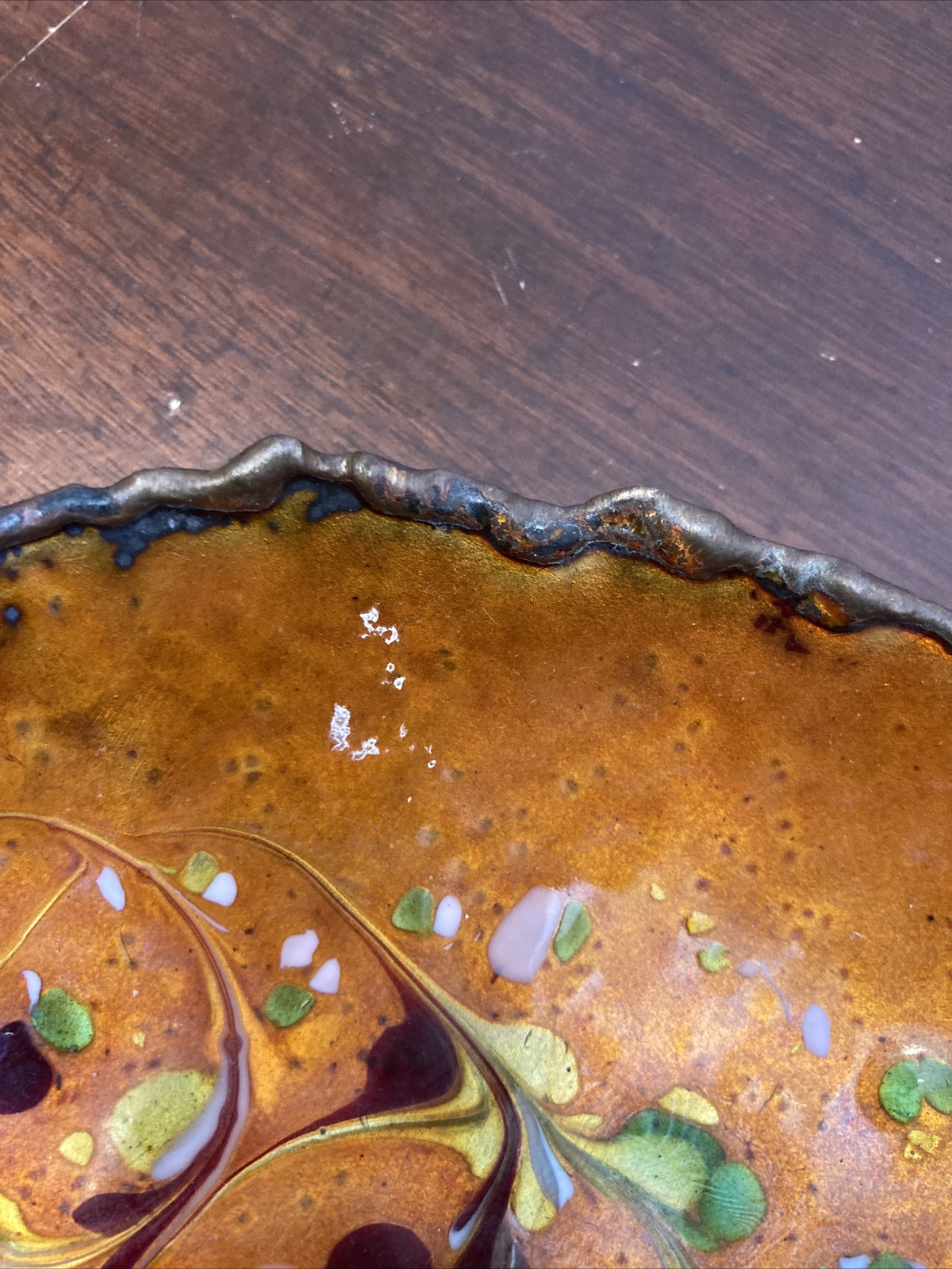 Vtg Handcrafted Enamel Copper Artisan Op Art Vessel Plate Dish Bowl Mcm