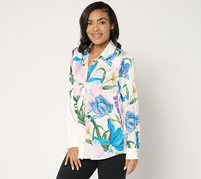 Susan Graver Printed Stretch Charmeuse Button Front Shirt - Sz 2X a677188
