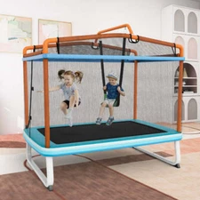 NNECW 3-in-1 Rectangle Trampoline for Kids with Swing & Horizontal Bar-Orange