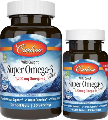 Carlson Labs Super Omega-3 Gems 1.200 mg 100 Softgels Plus 30 Softgels senza - Foto 1 di 6