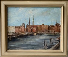 Ölbild Stadtansicht mit Hafen Hamburg unleserlich signiert Maritim