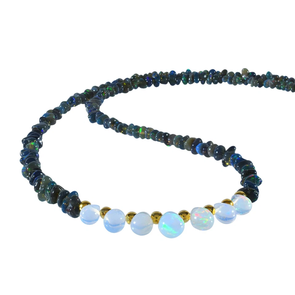 Handcrafted Natural Rainbow Fire Black Opal Beads 925 Silver Chain Necklace 18" - Image 3 of 4