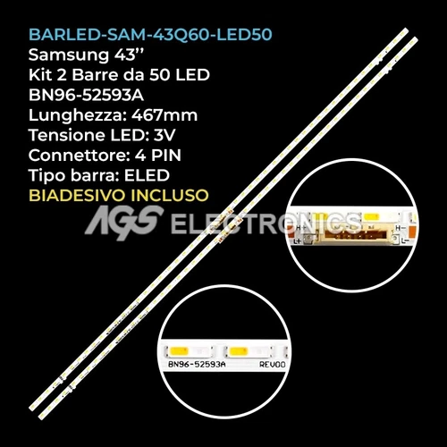 SAMSUNG BN96-52593A,QN43Q60, QE43060AAU 2 BAR STRIP 50 LED TV KIT
