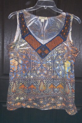 Womens Sleeveless Blouse One World L Multicolor Nice Embroidery  Neckline 
