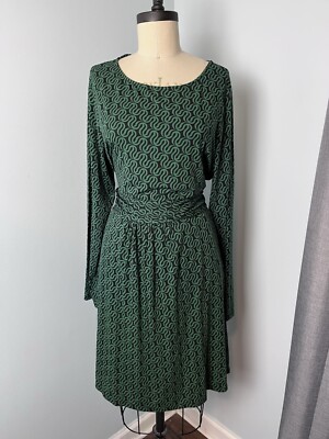 NWT Boden Dress Women Midi Green Print A Line Long Sleeve Knit Pockets 16- 18 R