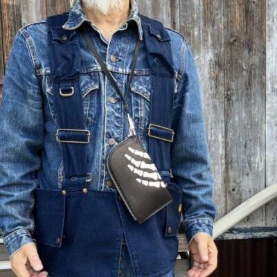 kapital レザー THUMBS UP BONE ネックBAG シルバー Kapital Crack Leather THUMBS-UP BONE HAND ZIP Neck Pouch - Silver