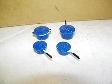 Dollhouse Miniature Blue Speckled Graniteware Kitchen Pots Pans Lids Metal