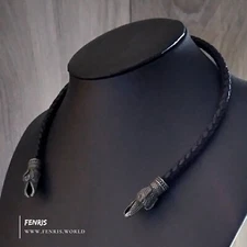 Raven Torc Deep Antique Silver Black Leather Handmade Norse Viking Celtic