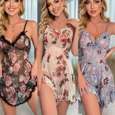 Womens Sexy Lingerie Floral Print Sheer Mesh Sleepwear Full Slip Dress Nightwear