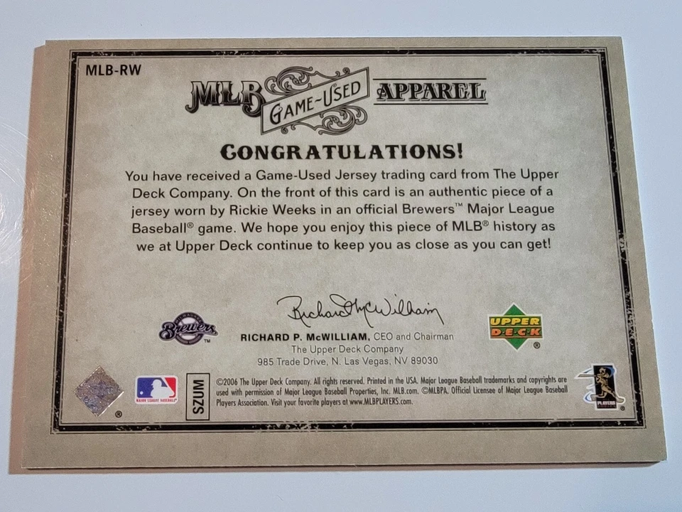 2006 Artifacts MLB Apparel Jersey Gold Limited #MLB-RW Rickie Weeks Brewers /150 - Image 2 of 2
