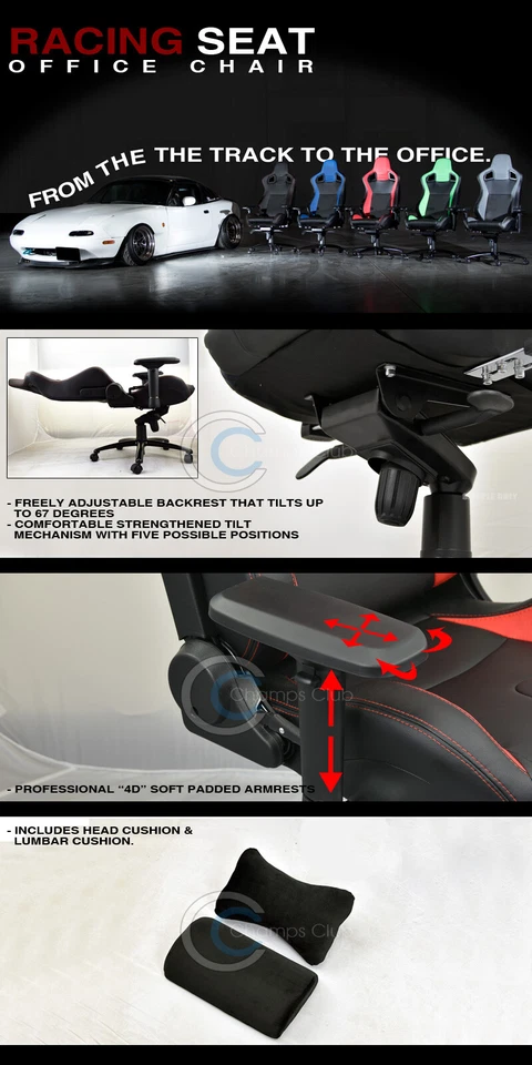 Universal Black/Red Stitches PVC Leather MU Racing Bucket Seat Office Chair Cl24 Foto 2 de 2