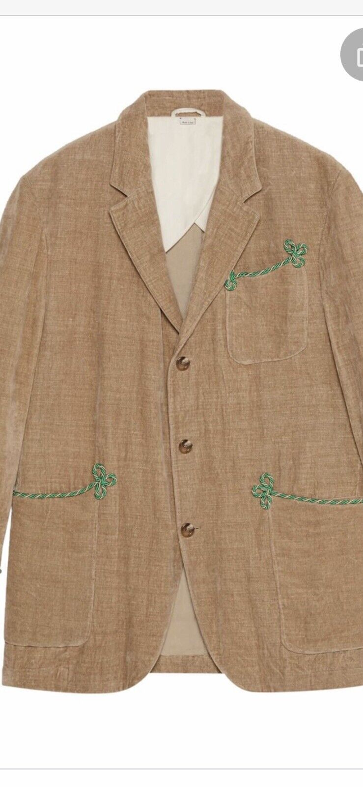 Gucci Mens Neutral Velvet Jacket Embroidery Size 52 Rrp£2410