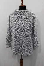 Vince Camuto Sz L Gray Animal Print Fuzzy Split Cowl Neck Pullover Sweater