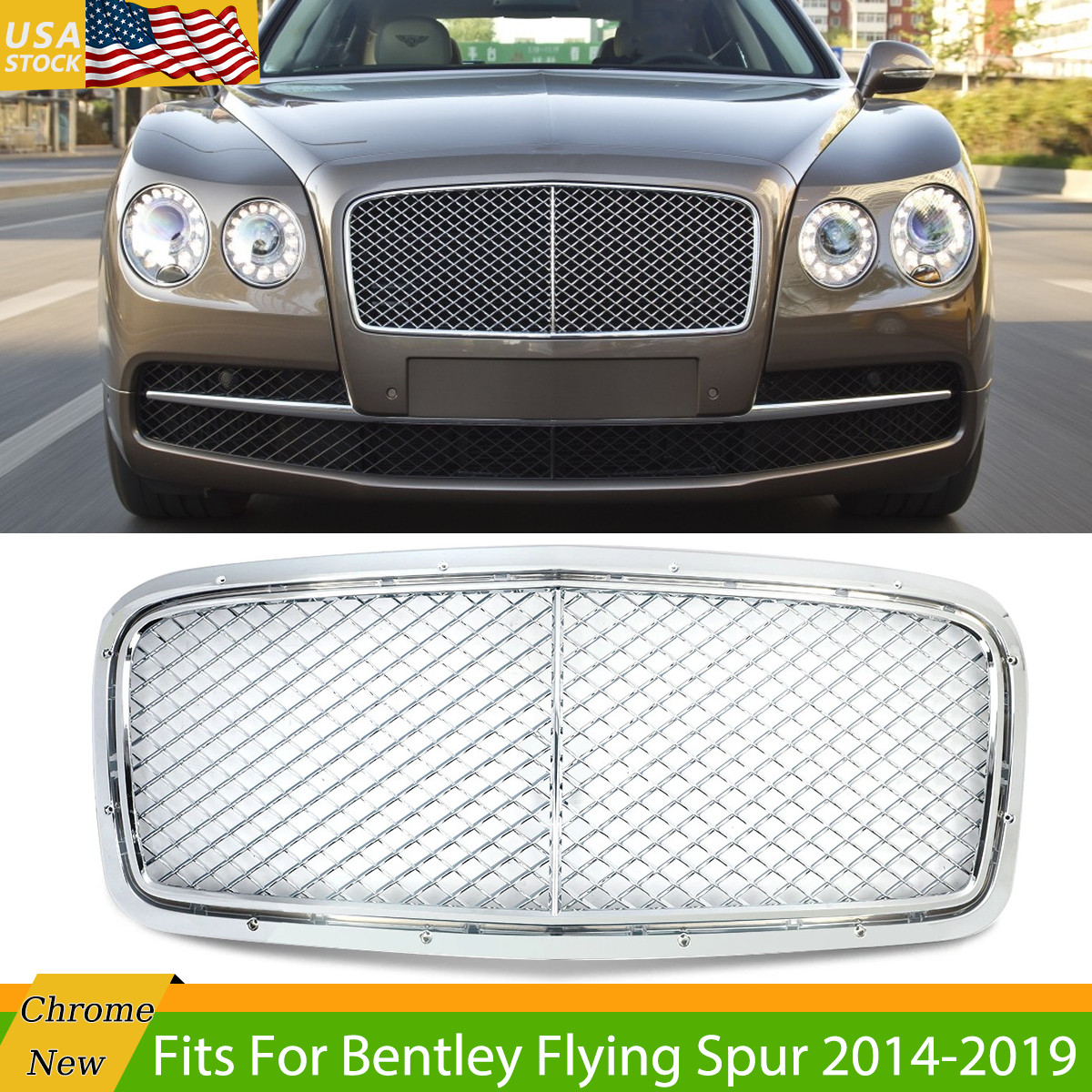 Front Radiator Grille Assembly Chrome Grill For 2014-2019 Bentley Flying Spur
