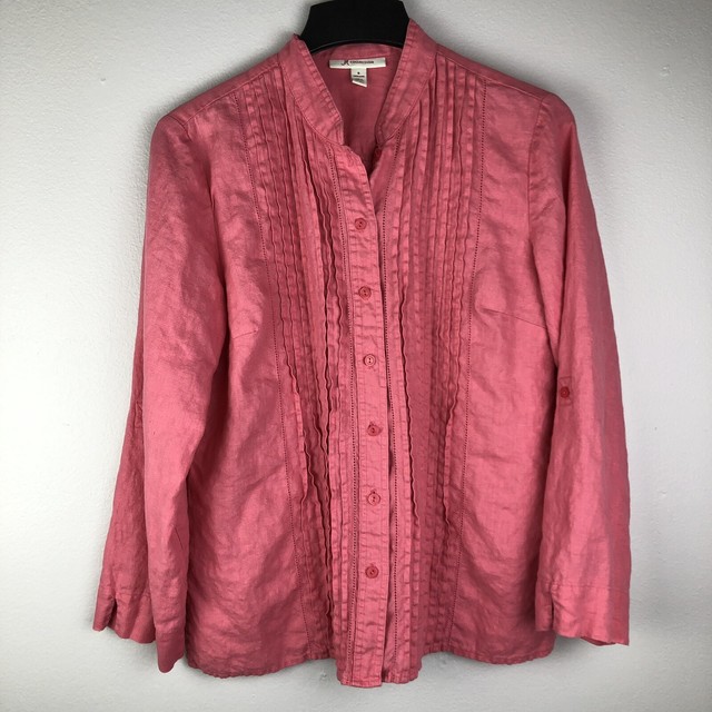 JM Collection Womens 8 Pink Button Up Shirt Pintuck Linen Long Sleeve Roll Tab eBay