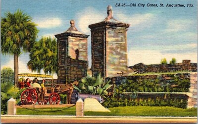 Historic Old City Gates St Augustine Florida Cannon Carriage Linen Postcard