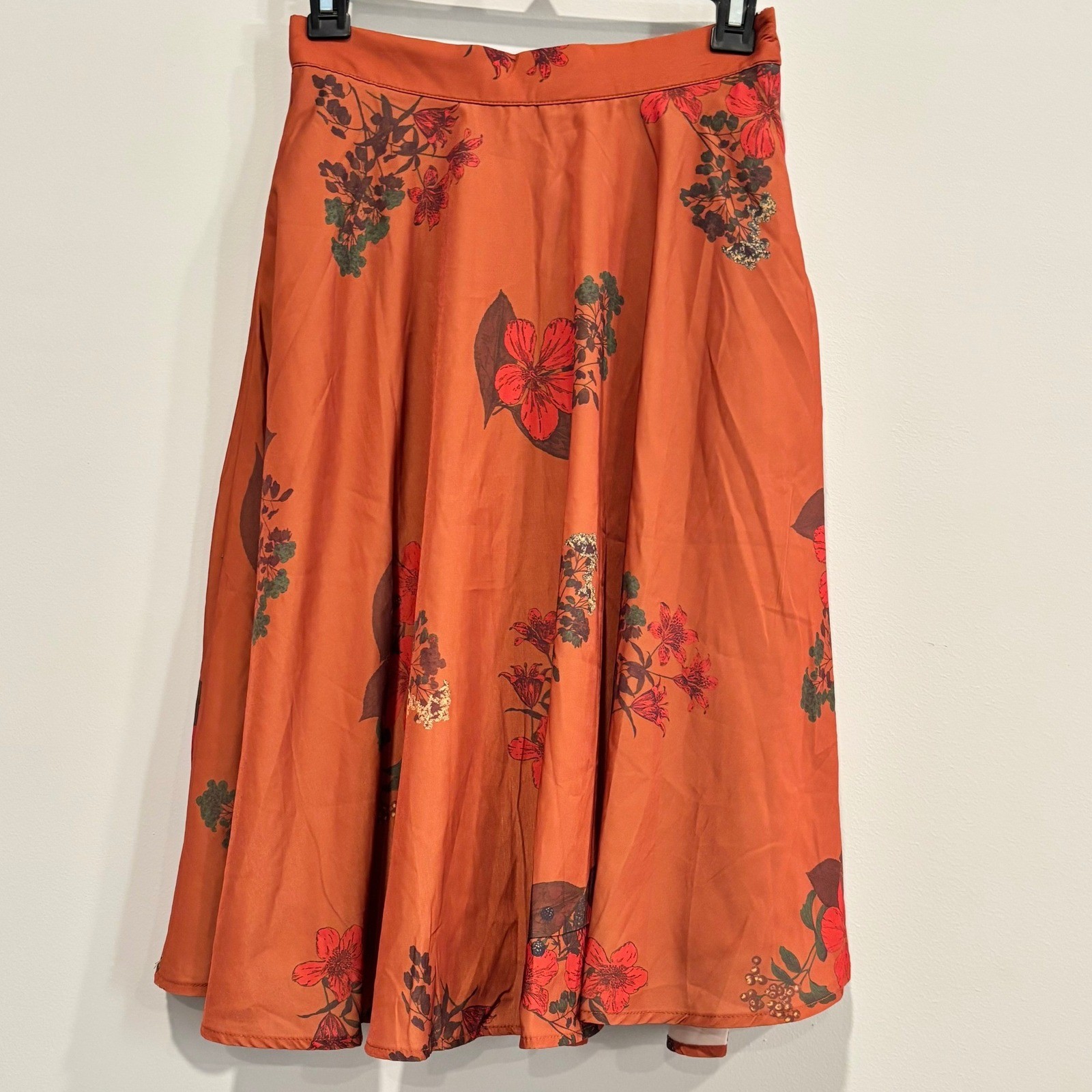 ModCloth Midi Skirt Small Floral Fit Flare Retro Pinup Festival Satin Boho 20129-image